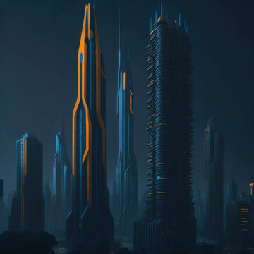 Sci-Fi Futuristic Modern Skyscrapers,  Future City View, Alien Elements, Neon Tube Lights On Facade, Generative AI