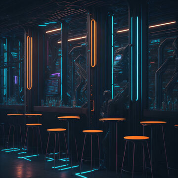 Sci-Fi Futuristic Bar, Cyberpunk Style With Neon Tube Lights, Retro Feeling, Bar and Stools, Generative AI