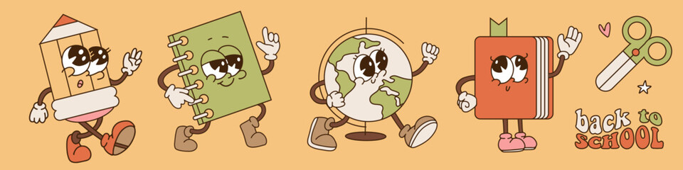 Groovy retro cartoon characters set for First Day of School celebrating. Back to School vintage stationery mascots in 80s-90s Groove Style. Contour vector illustration.