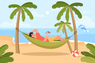 Happy man lying in hammock vector illustration. Male character relaxing on beach near sea, drinking cocktail and enjoying summer vacation. Travel, tourism, relaxation concept