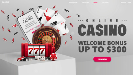 Online casino, white web banner with interface elements, square podium with smartphone, casino slot machine, roulette, poker chips and playing cards