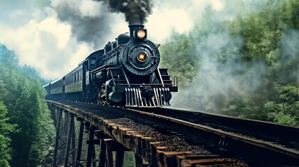 Fototapeta premium Classic steam locomotive train engine on track generative ai