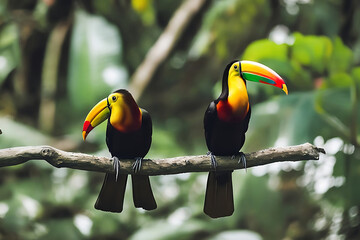 Obraz premium closeup shot of beautiful Birds sitting on a tree branch surrounded by green leaves_17