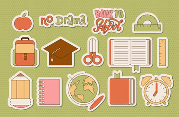 Retro School supplies sticker kit. Set of vintage cartoon stationery elements. Vector contour flat illustration.