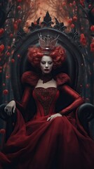 Crimson Royalty: Enchanting Lady in a Fantasy Red Dress on a Queen Chair. Not real person. Generative AIu