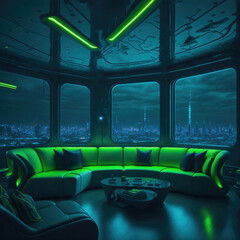 Futuristic Modern Living Room Interior, Neon Lights Glowing  Accent, Sofa and Table, Large Panoramic Window, Fantasy Underwater View, Generative AI