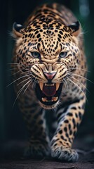 Fototapeta na wymiar Fierce Encounter: Dramatic Close-Up of an Angry Charging Leopard. Generative AI