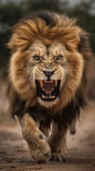 Obraz na płótnie Canvas Roaring Fury: Intense Close-Up of an Angry Lion Charging. Generative AI
