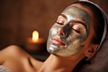 Indulgent Bliss: Serene Model Embracing Spa Experience with Facial Beauty Products Mask. Not real person. Generative AI