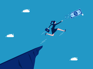 Finance failed. Businesswoman jumping and grabbing the fading banknotes vector