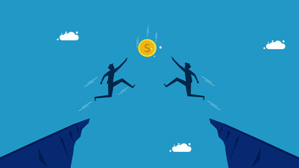 Business competition for benefits and profits. Two men jumping for coin vector
