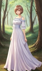 Obraz na płótnie Canvas Web game style realistic art of lonely girl in forest park in beatiful dress 