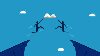 learning competition. Two men jumping for a book vector