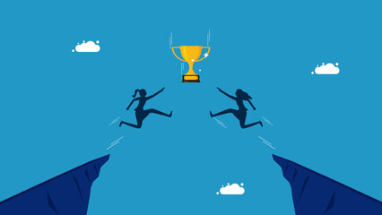 Two women jumping to grab a trophy. Compete for Business Win vector