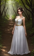 Obraz na płótnie Canvas Web game style realistic art of lonely girl in forest park in beatiful dress 