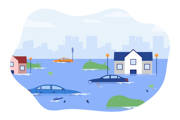 Cities suffering from flood vector illustration. Water damaging houses, cars and trees, causing infrastructure crisis. Natural disaster, climate change, emergency concept - obrazy, fototapety, plakaty