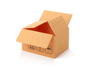 3D cardboard open box isolated on white background. Delivery cargo box. Cartoon style cardboard box or delivery package. 3d realistic vector