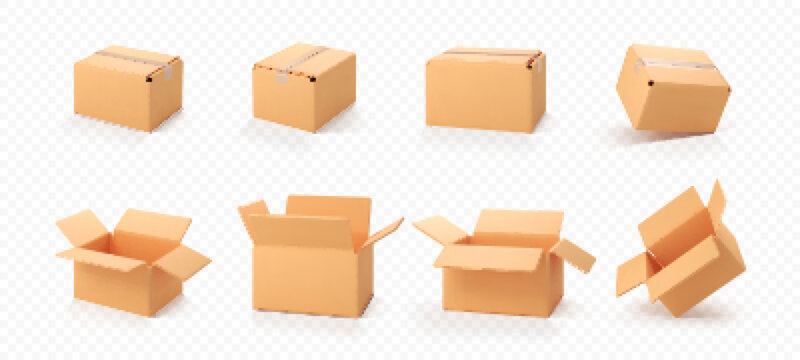 3D Cardboard Open And Closed Boxes Isolated On Transparent Background. Delivery Cargo Box Set. Cartoon Style Cardboard Box Or Delivery Package. Vector 3d Realistic