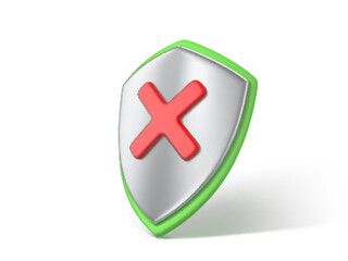 Fototapeta premium 3D shield isolated on white background. Shield with red cross. NO or decline symbol. Security, protection and safety concept. Vector 3d Illustration