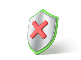 Obraz premium 3D shield isolated on white background. Shield with red cross. NO or decline symbol. Security, protection and safety concept. Vector 3d Illustration