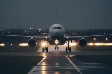 Fototapeta na wymiar Skybound: Airplane Taking Off or Landing on Airport Runway. Generative AI