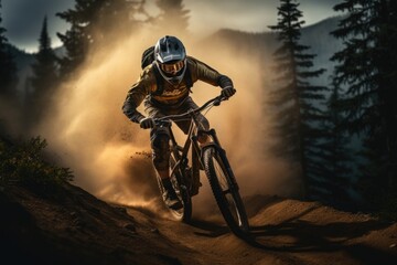 Mountain Biker riding down a Trail in the Forest - Sliding through a Corner with Dust in the Air - High Speed MTB - Off-Road - Generative AI - Imaginary Person