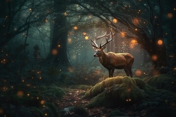 Enchanted Majesty: Magical Stag in a Fairy Forest. Generative AI