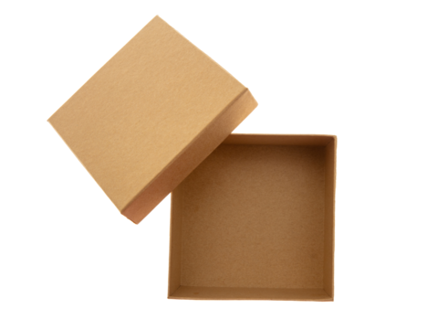 Gift box empty with open lid isolated transparent background, top view. PNG. 