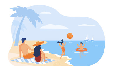 Happy family enjoying vacation vector illustration. Parents sunbathing on beach, watching children swimming and playing with ball. Travel, family reunion, tourism, summer concept