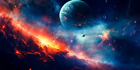 Obraz na płótnie Canvas Planets, stars, nebulas in the universe. Science fiction and space exploration concept. Generative Ai illustration