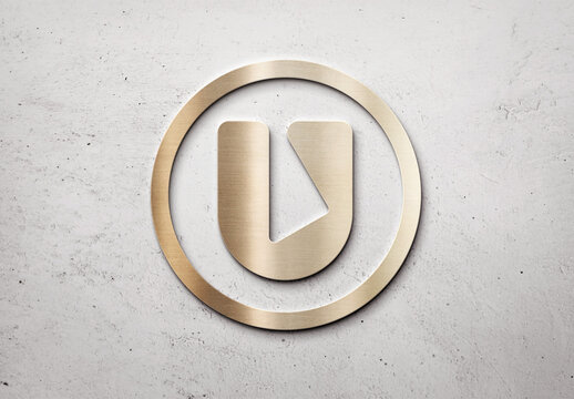 Logo Mockup Template Style Effect Gold Wall Badge Mockup 3D Metal Text Wood Concrete