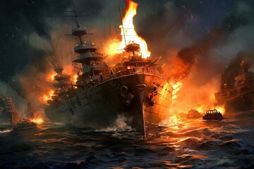 In the midst of a tumultuous naval engagement, Bismarck warship finds itself in desperate struggle for survival. Fire engulfs the vessel, casting eerie glow across the darkened waters. AI-generated.