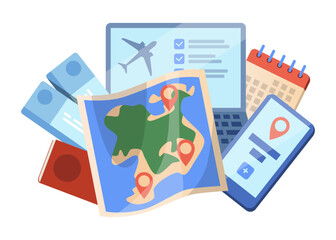 Objects for long term travel planning vector illustration. Map, laptop with airport website, navigation app on smartphone, plane tickets and passport on white background. Travel plan, summer concept