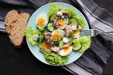 Salad from the liver of codfish, eggs, lettuce