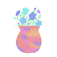 colorful flower in a pink tone vase draw in cute oil brush texture style