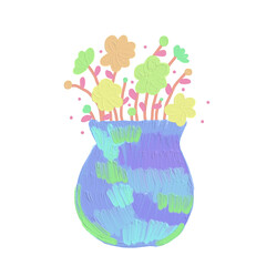 colorful flower in a blue tone vase draw in cute oil brush texture style