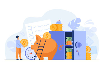 Man saving money in safe and piggy bank vector illustration. People managing personal finances, planning budget and expenses, setting goals. Finance management, budgeting concept