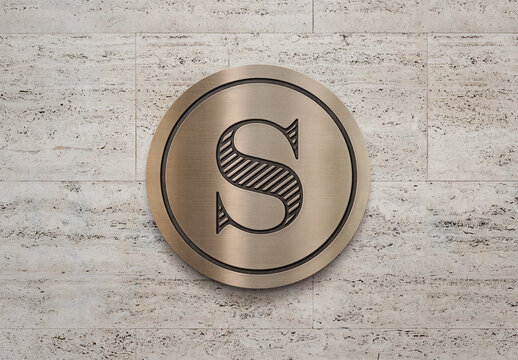 Logo Mockup Template Style Effect Gold Wall Badge Mockup 3D Metal Text Wood Concrete