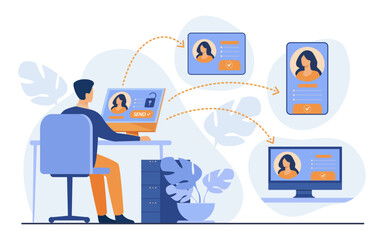 Man hacking into account of woman vector illustration. Cartoon drawing of hacker stealing social network data of girl. Cybersecurity, safety, personal information, internet concept