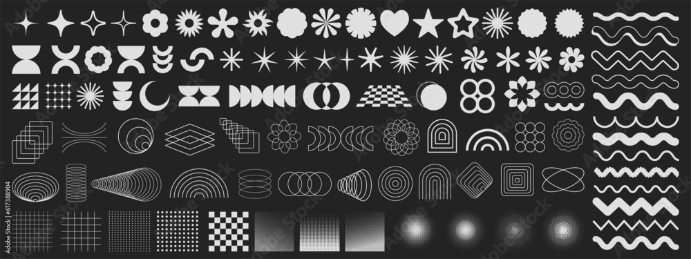 Poster Set of Brutalist Geometric Shapes Vector Design. Cool Trendy Abstract Figures Collection. Graphic Elements.