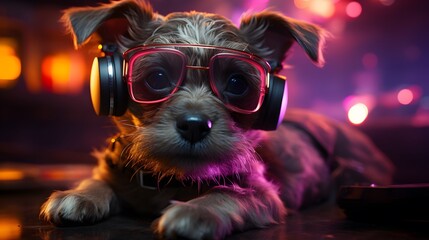 a cute puppy wearing glasses and headphones in cyber punk style