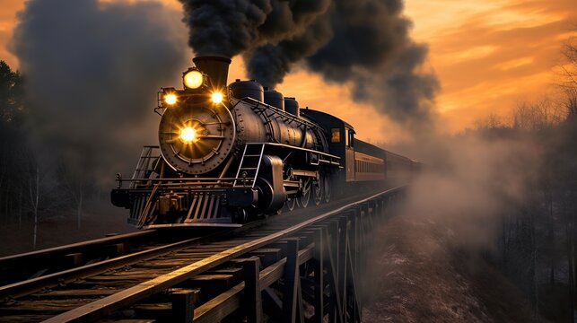 Classic steam locomotive train engine on track generative ai