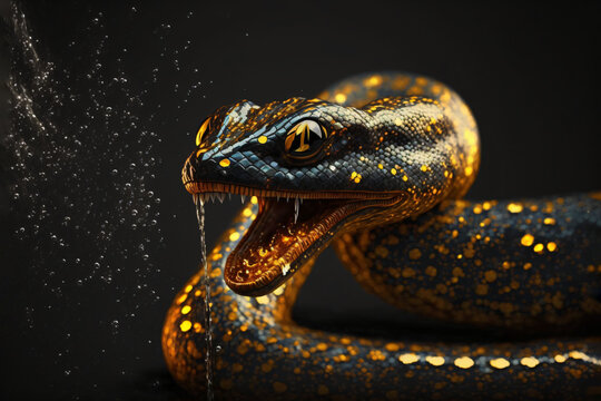 aggressive black snake with golden details, generative ai