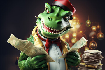 With his mouth wide open a cartoon green wooden dragon in a Santa Claus hat, the symbol of the new year 2024 is holding a moulage money. 