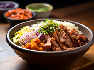 Mixed rice bowl with beef or pork, Bibimbap, Donburi, Korean beef rice bowl recipe, Japanese beef rice bowl recipe, Mixed Rice Bowl combines various ingredients, flavors, | Generative AI