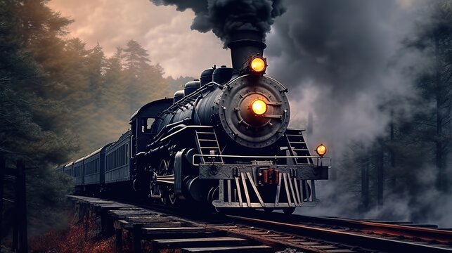 Classic steam locomotive train engine on track generative ai