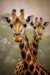 Obraz premium Beautiful portrait of two giraffes in the African savanna. Amazing African wildlife. Generative Ai