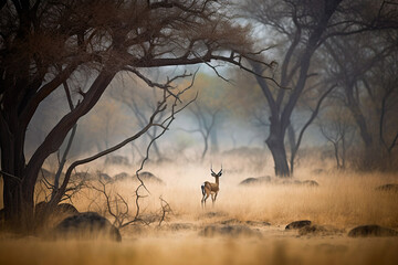 Rear view of an Impala in the dry grass of savanna. Amazing African wildlife. Generative Ai - obrazy, fototapety, plakaty