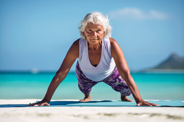 Front view of a mature woman in sports wearing doing plank pose during yoga training at the seashore on a summer day, healthy active senior female practicing.
