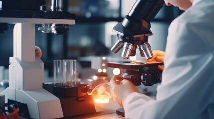 scientist working with microscope in laboratory, science research concept, scientist using microscope for examining samples and liquid, Scientific and healthcare research. generative AI